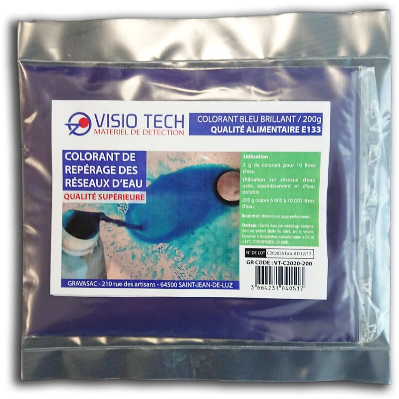 Visio Tech - Traceur bleu, en sachet de 200 g - Colorant en poudre E133 soluble dans l'eau