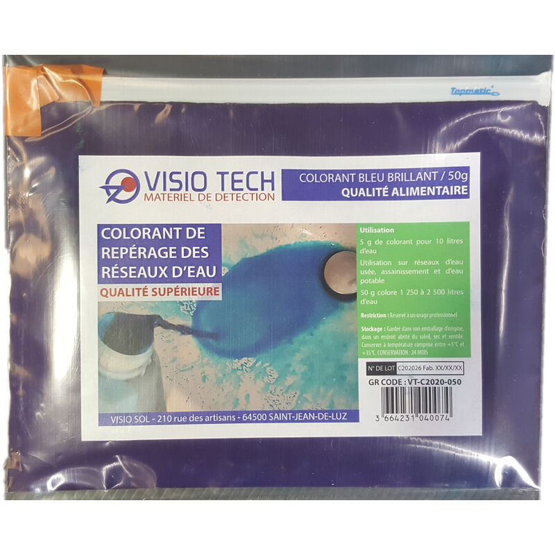 Visio Tech - Traceur bleu, sachet de 50 g - Colorant en poudre E133 soluble dans l'eau