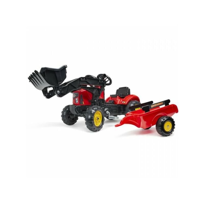 Tracteur a pédales Supercharger rouge avec pelle frontale articulée et remorque - FALK