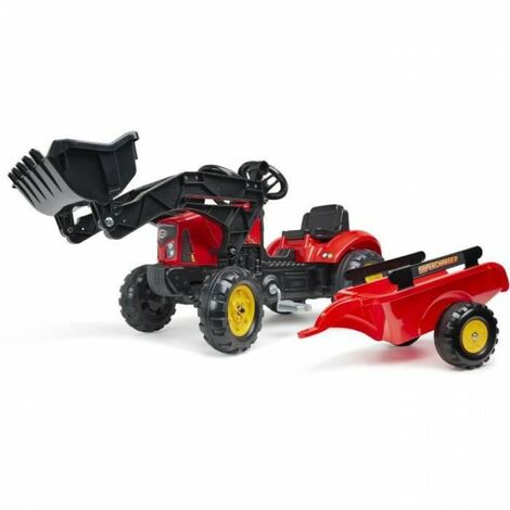 Tracteur à pédales Supercharger rouge avec pelle frontale articulée et remorque – Pour terrains accidentés – Capot ouvrant pour accès moteur – Falk