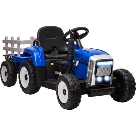 HOMCOM Tracteur électrique avec remorque amovible, voiture électrique enfants de 3 à 6 ans avec télécommande MP3 musique affichage lumières et ceinture de sécurité, 12V 3-6 km/h, bleu