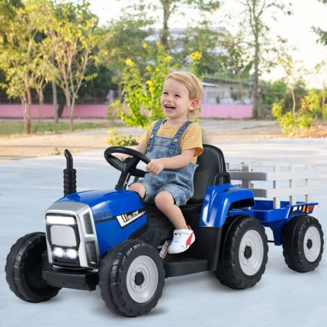Tracteur Electrique avec Remorque pour Enfants 3 Vitesses Lumières LED Fonctions Audio USB et Bluetooth Bleu