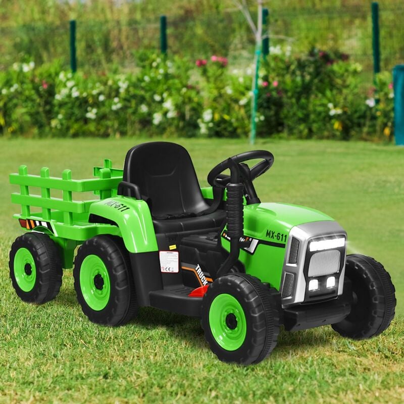 Tracteur Electrique avec Remorque pour Enfants 3 Vitesses Lumières LED Fonctions Audio USB et Bluetooth Vert CW9424 DESIGN IN