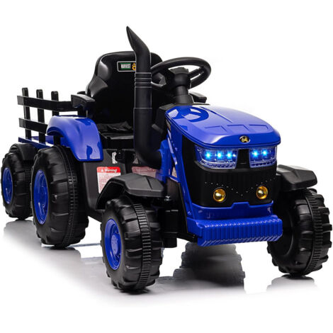 Tracteur Électrique Enfant 12 V avec Remorque Détachable, Télécommande Parentale, 3 Vitesses et Bluetooth – 2 x 35 W, Charge 30 kg, pour Jardin et Pelouse,bleu