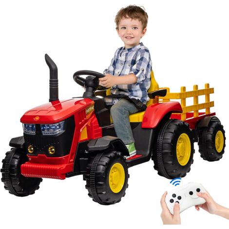 LUNSY Tracteur Electrique Enfant avec Remorque, Batterie 12V, Roue Motrice Arriere et Phare a LED et Musique, Ceinture de Securite et Telecommande, pour Enfants 3 Ans+, Charge Max 30KG (rouge)