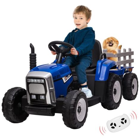 Tractor eléctrico infantil 12V con remolque – Mando parental, LED, música, USB – De 3 a 8 años – Azul
