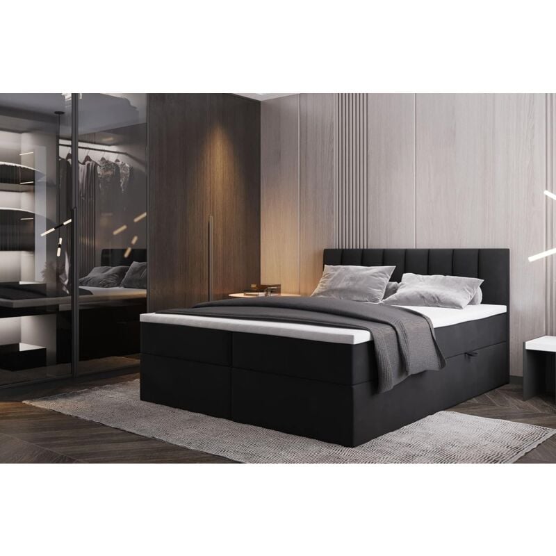 Trada - Lit adulte 200x200 cm palermo - avec matelas, rangement et surmatelas - tissu velours - noir
