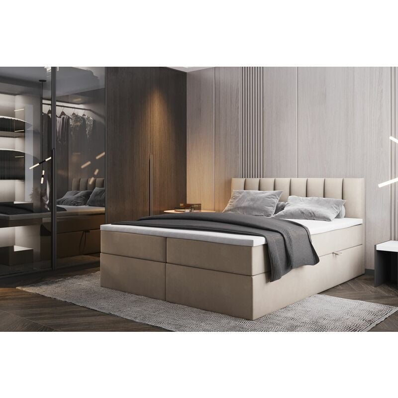 Lit adulte 160x200 cm palermo - avec matelas, rangement et surmatelas - tissu velours - beige