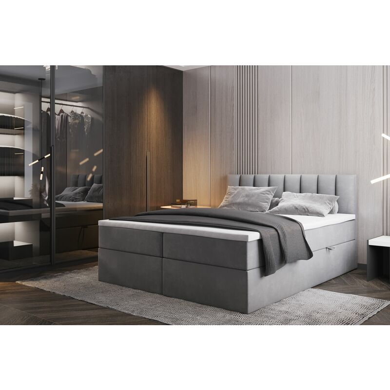 Lit adulte 160x200 cm palermo - avec matelas, rangement et surmatelas - tissu velours - gris clair