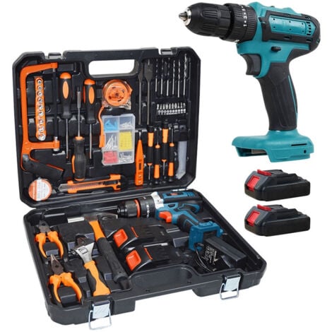 Trade Shop - 100-teiliger kompletter Werkzeugsatz mit Akku-Bohrschrauber-Koffer -