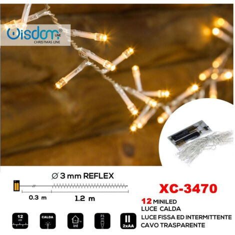 Trade Shop - 12 LED BATTERIEBETRIEBENE KETTE TRANSPARENTES KABEL WARMES LICHT FEST+INTERMITTIEREND XC-3470 -