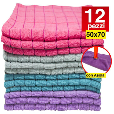 Trade Shop - 12 Panni Microfibra 50x70 Cm Senza Asola Panno Pulizia Multiuso Lava Pavimenti -
