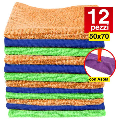 TRADE SHOP - 12 Panni Microfibra 50x70cm Panno Pulizia Multiuso Lava Pavimenti Con Asola -