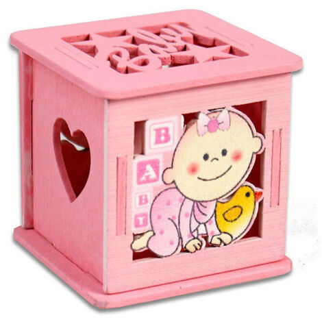 TRADE SHOP - 12 Scatolina Porta Confetti In Legno Bomboniera Nascita Battesimo Rosa Femmina -