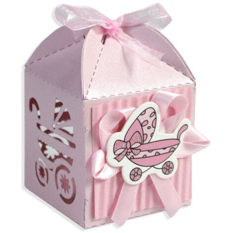 Trade Shop - 12 Scatoline Porta Confetti Bomboniera Nascita Battesimo Bimba Rosa Carrozzina -