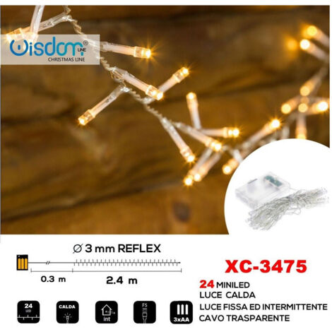 Trade Shop - 24 LED BATTERIEBETRIEBENE KETTE TRANSPARENTES KABEL WARMES LICHT FEST+INTERMITTIEREND XC-3475 -