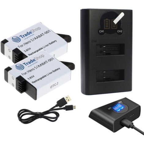 Trade-Shop 2in1 Set: 2x Akku 1250mAh + USB-C Doppel Dual LCD Ladegerät Ladestation für GoPro 025416 421850 AHDBT-701 AHDBT-801 GOP004 IEC 62133 IS 16046 R-41047830 Hero 7 White