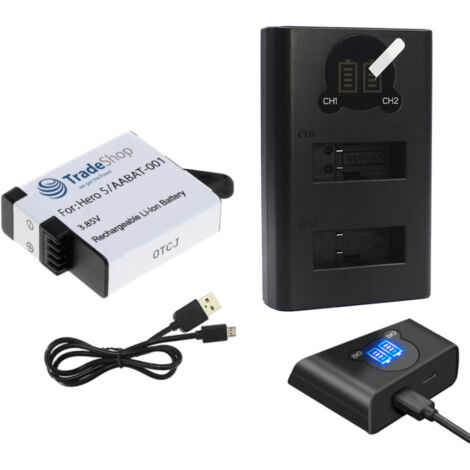 Trade-Shop 2in1 Set: 2x Akku 1250mAh + USB-C Doppel Dual LCD Ladegerät Ladestation für GoPro 025416 421850 AHDBT-701 AHDBT-801 GOP004 IEC 62133 IS 16046 R-41047830 Hero 7 White