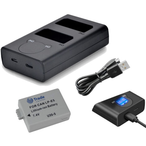 Trade-Shop 2in1 Set: Akku 1200mAh + USB-C Dual LCD Ladegerät kompatibel mit Canon EOS Kiss X2, Rebel XSi, Kiss X3, Rebel T1i, Kiss F, Rebel XS