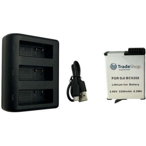 Trade-Shop 2in1 Set: Akku 2200mAh + USB-C LCD Dreifach-Ladegerät kompatibel mit DJI Osmo Action 3 / 4 / 5, BCX202, BCX204 / Action-Kamera Zubehör