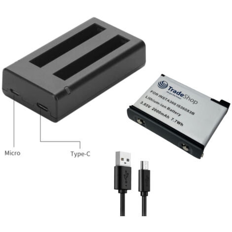 Trade-Shop 2in1 Set: Akku + USB-C Doppel Dual LED Ladegerät inkl. Micro-USB-Kabel kompatibel mit Insta360 CINAQBT/A IS360X3B für ONE X3 Kamera