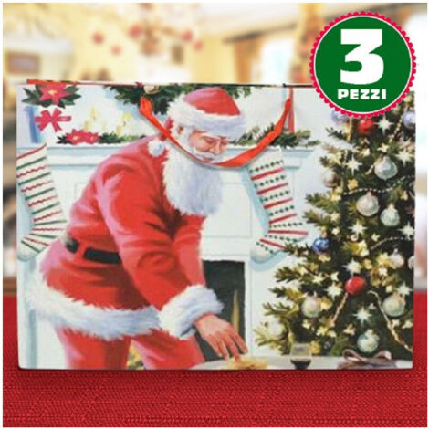 TRADE SHOP - 3 Buste Da Regalo Stampa Babbo Natale Classico Con Manici Rossi 40x20x55cm -