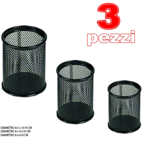 Trade Shop - 3 PORTAPENNE TONDO DA SCRIVANIA METALLA RETE PORTA PENNE CANCELLERIA -
