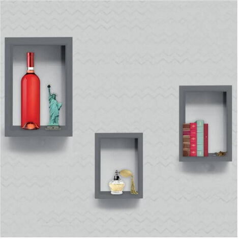 Trade Shop - 3er-Set Wandregale, modernes Design, rechteckiger Würfel, aus grauem Holz -