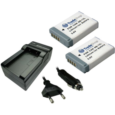 Trade-Shop 3in1 Set: 2x Akku 1250mAh + LED Ladegerät inkl. Kfz-Ladekabel kompatibel mit Canon PowerShot SX620 SX720 SX730 SX740