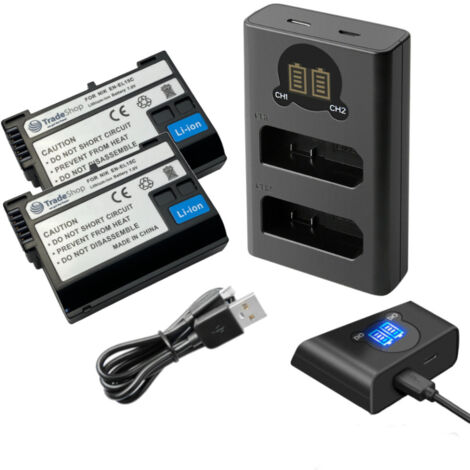 Trade-Shop 3in1 Set: 2x Akku 2,4Ah + Micro-USB Typ-C Dual LCD Ladegerät Ladestation für Nikon Batteriegriff MB-D11 MB-D12 MB-D14 MB-D15 MB-D17
