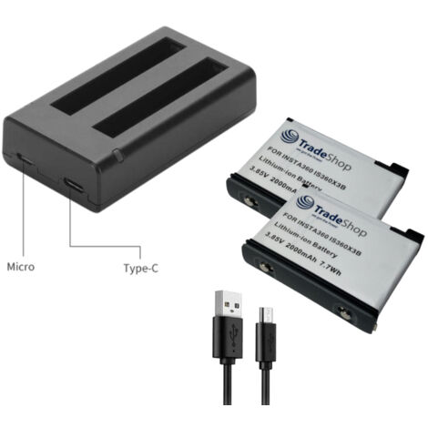 Trade-Shop 3in1 Set: 2x Akku + USB-C Doppel Dual LED Schnell-Ladegerät für 2 Akkus für IS360X3B, Insta360 ONE X3 / Actionkamera 360-Grad-Kamera Digicam