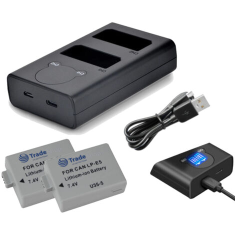 Trade-Shop 3in1 Set: 2x Li-Ion Akku 1,2Ah + USB-C Doppel Akku Dual LCD Ladegerät für 2 Akkus kompatibel mit Canon LP-E5, EOS-450D, EOS-500D, EOS-1000D