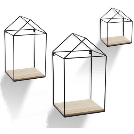TRADE SHOP - 3pz Mensole Parete Casa Bacheca Mensola Legno Sospesa Metallo Nero H20/32/40cm 751653 -