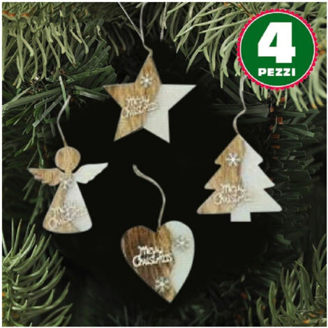 Trade Shop - 4 Appendini Natale In Legno Ovatta Forma Stella Albero Angelo Cuore Con Scritta Merry Christmas -