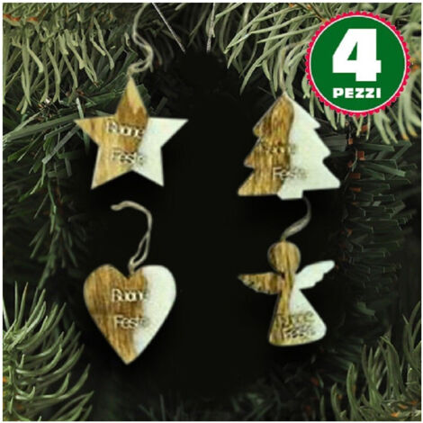 Trade Shop - 4 Weihnachtsanhänger aus Holzwatte, Sternform, Baum, Engel, Herz mit Aufschrift "Happy Holidays" -