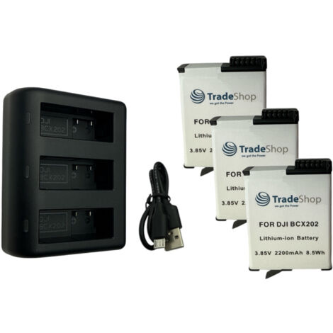 Trade-Shop 4in1 Set: 3x Akku 2200mAh + USB-C LCD Dreifach-Ladegerät kompatibel mit DJI Osmo Action 3 / 4 / 5, BCX202, BCX204 / Action-Kamera Zubehör