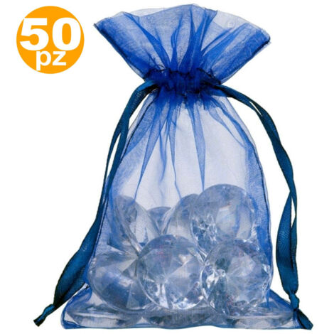 TRADE SHOP - 50 Sacchetti Blu Organza Bomboniera Nascita Matrimonio Compleanno Riso Confetti -
