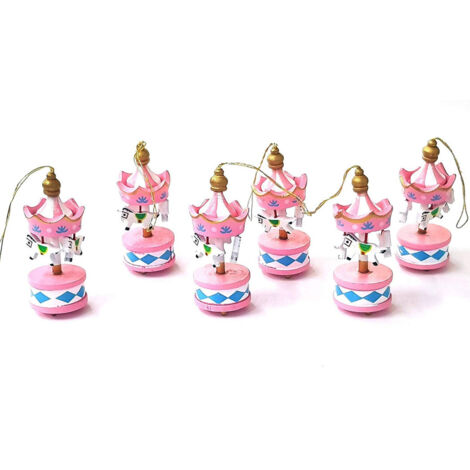 TRADE SHOP - 6 Mini Carillon Colore Rosa Giostra Cavalli Decorazione In Legno 8x3.5cm Gancio -