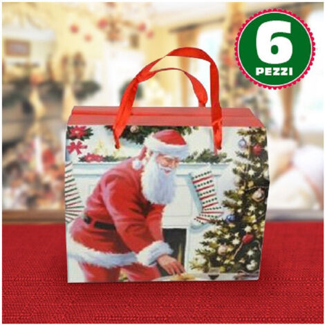 TRADE SHOP - 6 Scatole Da Regalo Stampa Babbo Natale Classico Manici Rossi 13,5x11,5x16,5cm -