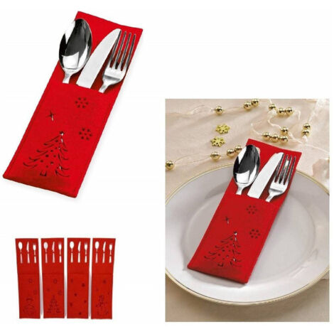 Trade Shop - 6 x Weihnachts-Besteckhalter aus rotem Filz, 15 x 9 cm, in Form eines Weihnachtsmanns, Rentiers und Schneemanns -