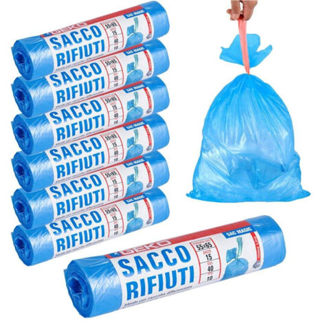TRADE SHOP - 7x Rotoli Sacchetti Buste Spazzatura 40lt 55x65 Chiusura Laccetto Azzurro 105pz -