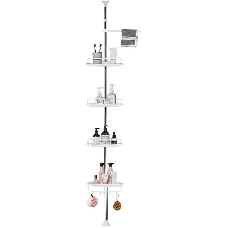 Telescopique Coin Douche Tablette Salle De Bain 4 étagères 1 Ross D'essuie-mains 95-305cm Blanc