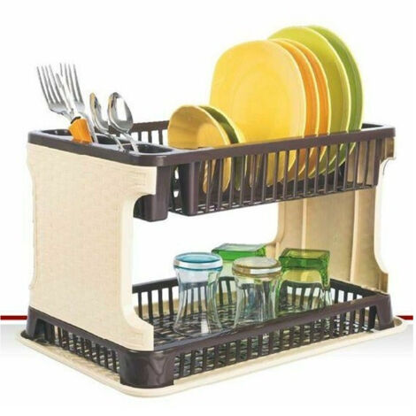 Trade Shop - Abtropfgestell aus Kunststoff mit Rattan-Effekt, 2 Ablagen, Teller, Bestecke, Gläser, Braun -