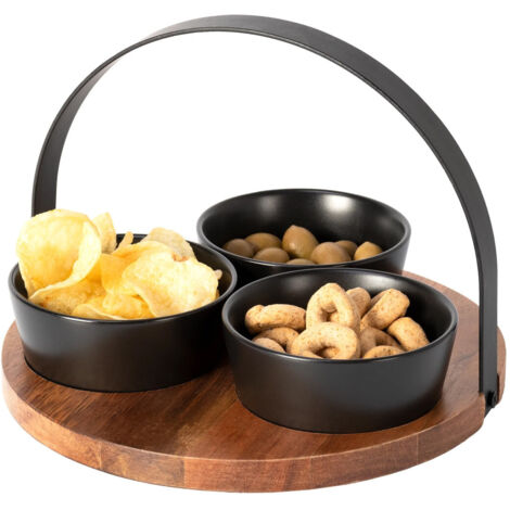 Trade Shop - Antipastiera Base In Legno Con Manico Metallo + 3 Ciotole Vassoio Finger Food -