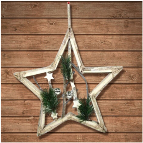Trade Shop - Appendino Forma Stella In Legno Con Rami E Palline 42cm Bianco Decoro Natalizio -