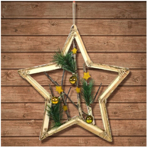 TRADE SHOP - Appendino Forma Stella In Legno Rami E Palline 42cm Oro Decorazione Natale -