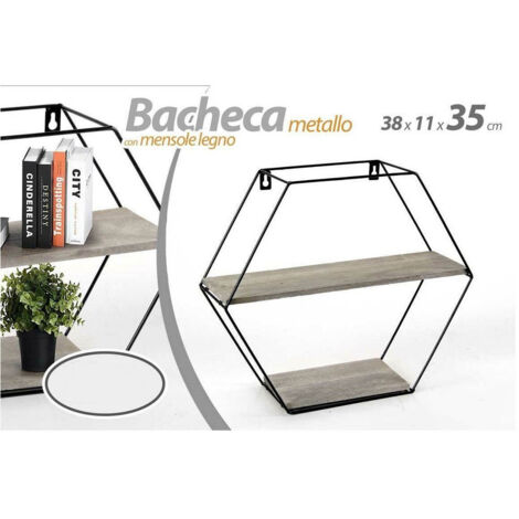 TRADE SHOP - Bacheca Porta Oggetti Metallo Esagonale Parete 2 Mensole Legno 38x11x35cm 751998 -