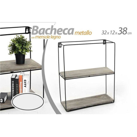 TRADE SHOP - Bacheca Porta Oggetti Metallo Rettangolare Parete 2 Mensole Legno 32x12x38cm 751967 -