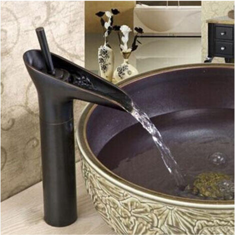 Trade Shop - BAD WASCHBECKEN MISCHBATTERIE SCHWARZ MESSING NIEDRIGER WASSERFALL -