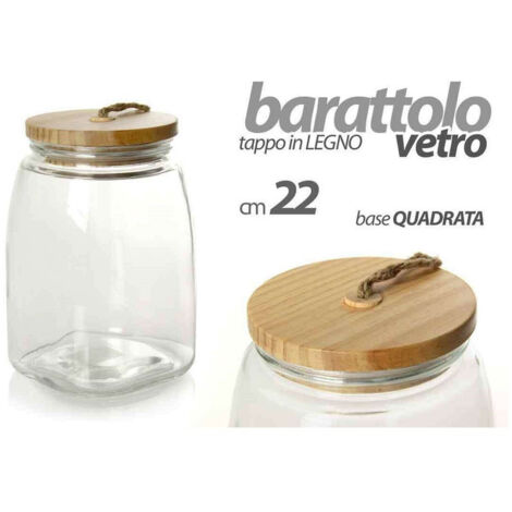 TRADE SHOP - Barattolo 22cm In Vetro Tappo In Legno Ermetico Contenitore Base Quadrata 728358 -